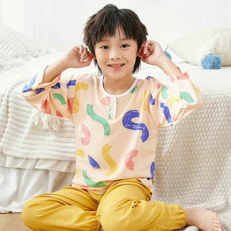 夏季儿童棉绸中大童男孩女童薄款空调服男童家居服小孩宝宝套装