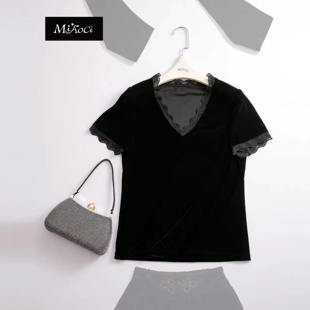 【MIAOCI】680四季新品时尚蕾丝v领丝绒半袖打底T恤