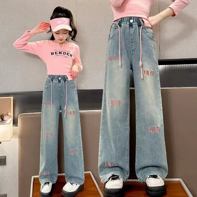 儿童牛仔裤女童春秋款洋气休闲直筒裤女孩外穿阔腿裤中大童百撘潮