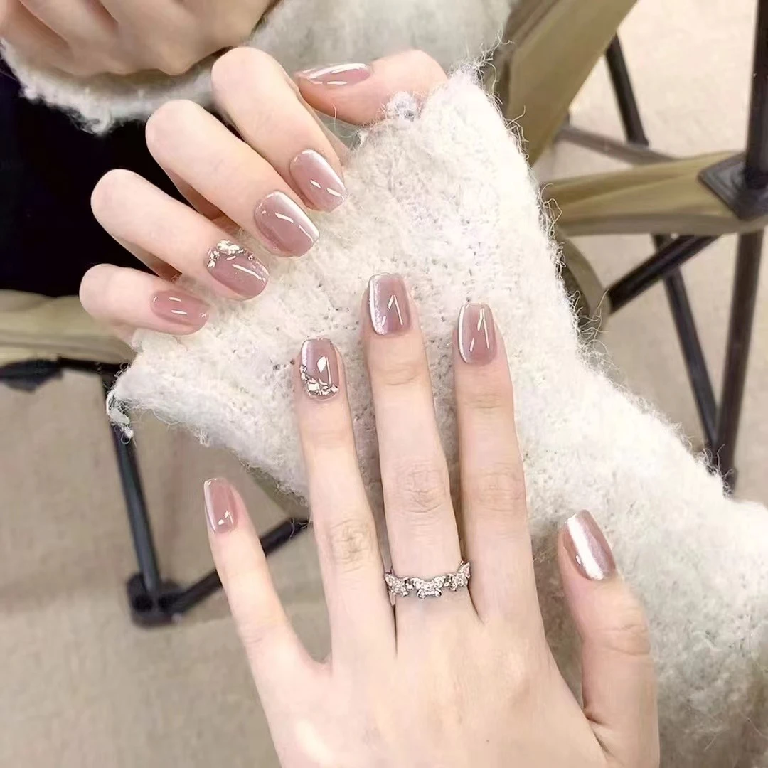 468短款高级气质显白粉猫眼碎钻美甲假指甲片穿戴甲【30片全尺码】