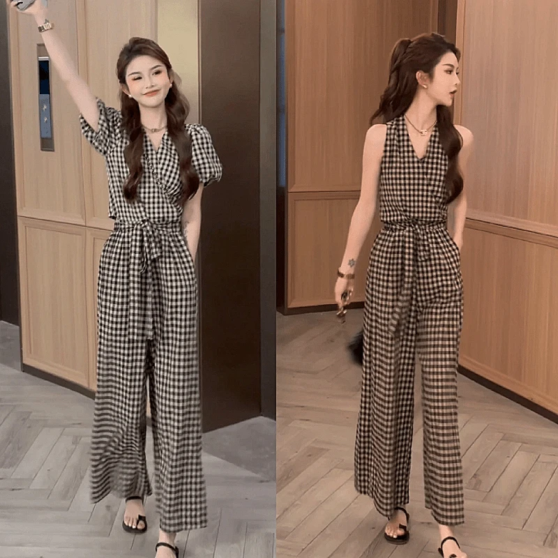 套装显瘦阔腿裤气质高腰夏季格子两件套洋气时尚休闲复古减龄宽松