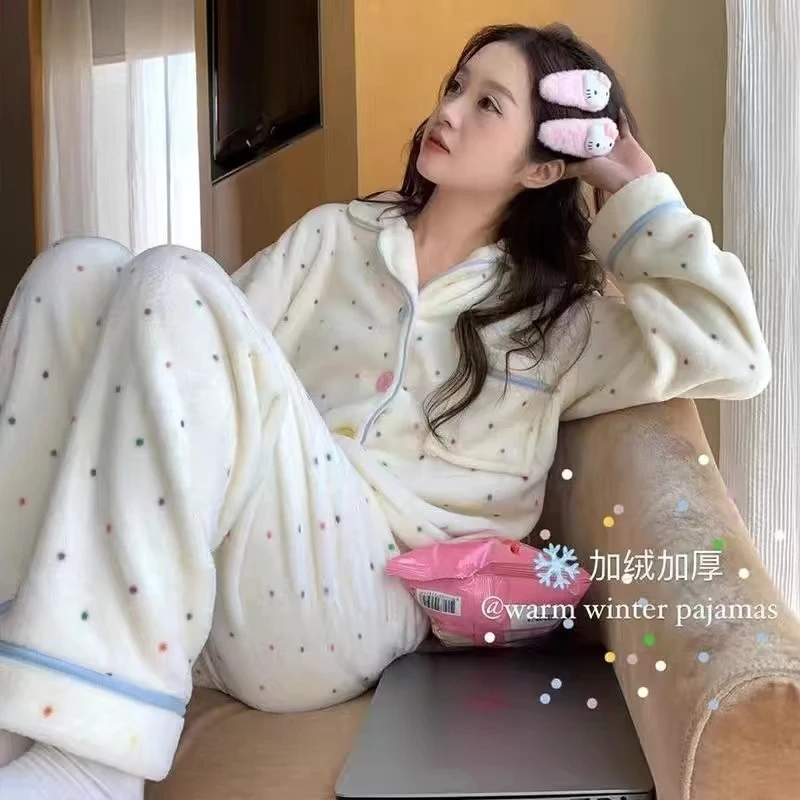 秋冬波点学生夹棉睡衣套装女生小个子泡泡棉保暖可外穿家居服套装