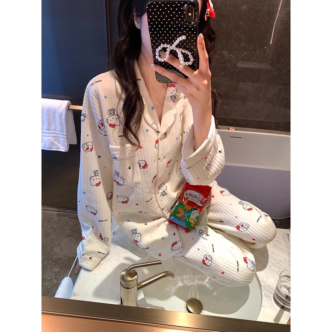 秋冬新款可爱猫咪波点空气夹层棉秋冬新款睡衣加厚亲肤保暖家居服