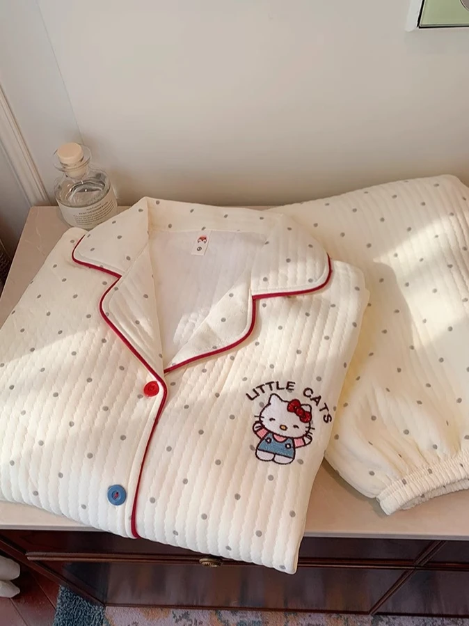 2024秋冬新款KT猫空气棉夹层睡衣女卡通学生保暖可外穿家居服套装