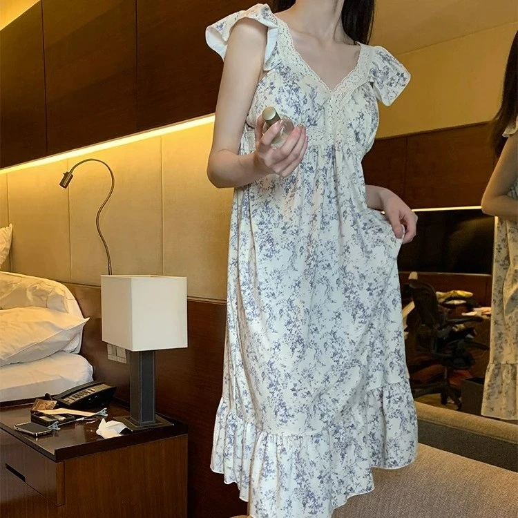 青花瓷甜美吊带睡裙女夏季2023年薄款带胸垫睡衣纯欲风性感连衣裙