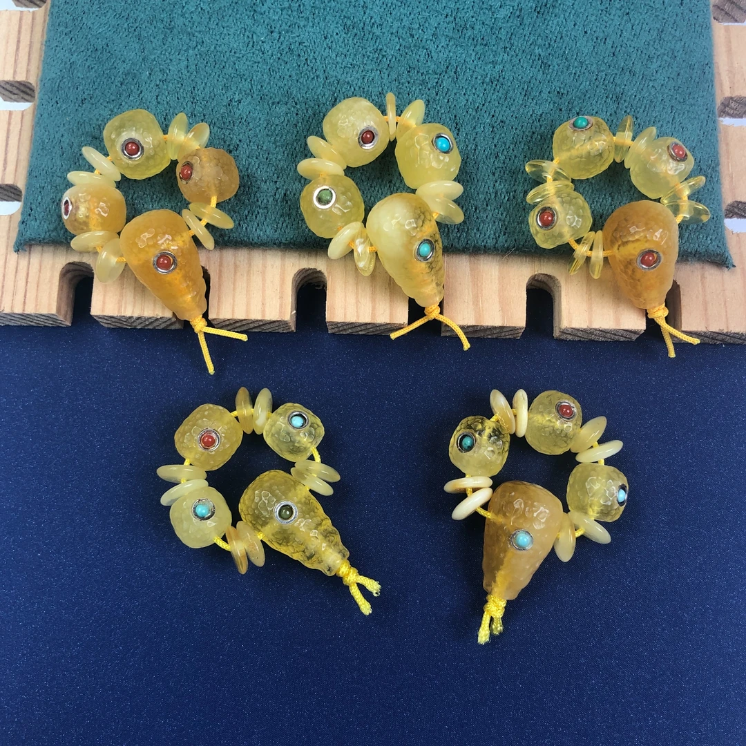 GUMI/古觅珠宝天然原矿琥珀蜜蜡手工镶嵌陨石坑工艺文玩三通套装