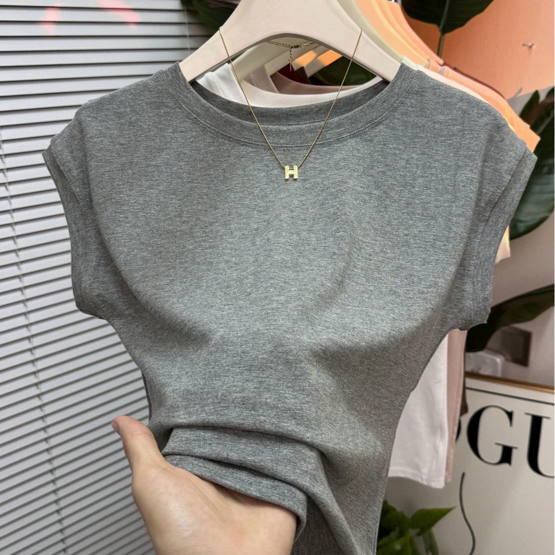 莫代尔修身气质高领T恤春夏大码无袖新款洋气千金清冷感贵系衣服