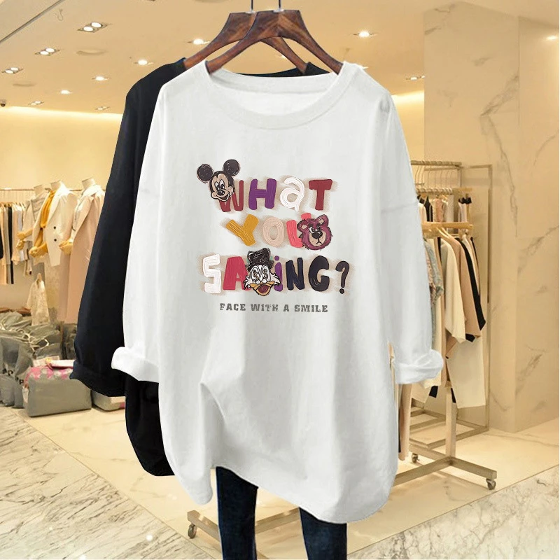 韩系甜美印花长袖重磅纯棉T恤女秋季新款小众设计款宽松百搭上衣