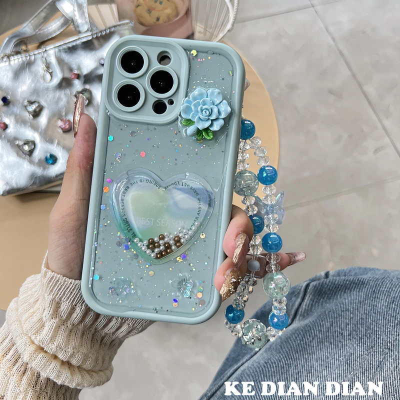 蓝色ins流珠爱心苹果15Pro华为oppo小米vivo流沙手机壳简约高级感