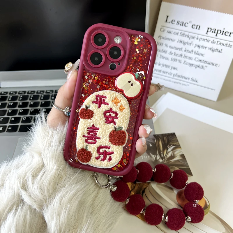 平安喜乐文字国风手机壳酒红适用苹果15华为oppo小米vivo简约新年