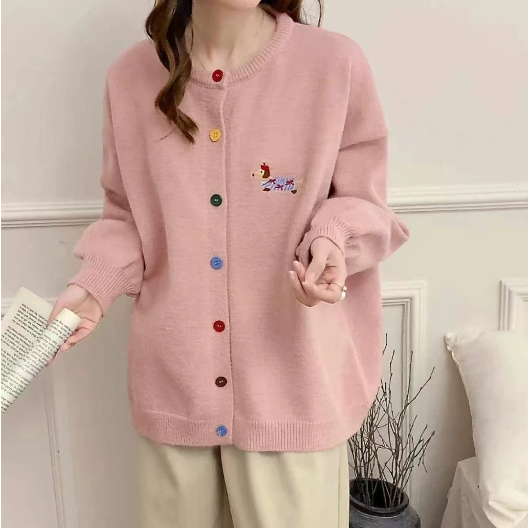 高级感慵懒风甜美彩色扣软糯奶fufu刺绣小狗针织开衫