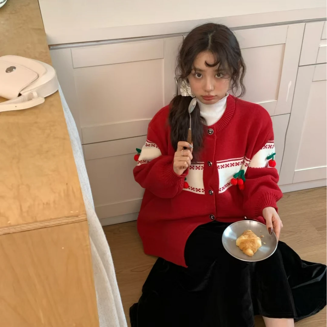 2024秋冬新款荔枝简约百搭宽松针织毛衣开衫