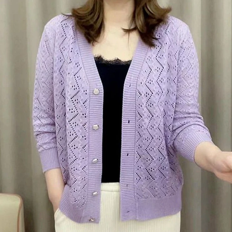 夏季中老年妈妈装50岁宽松夏装长袖针织衫防晒女装薄款洋气女开衫