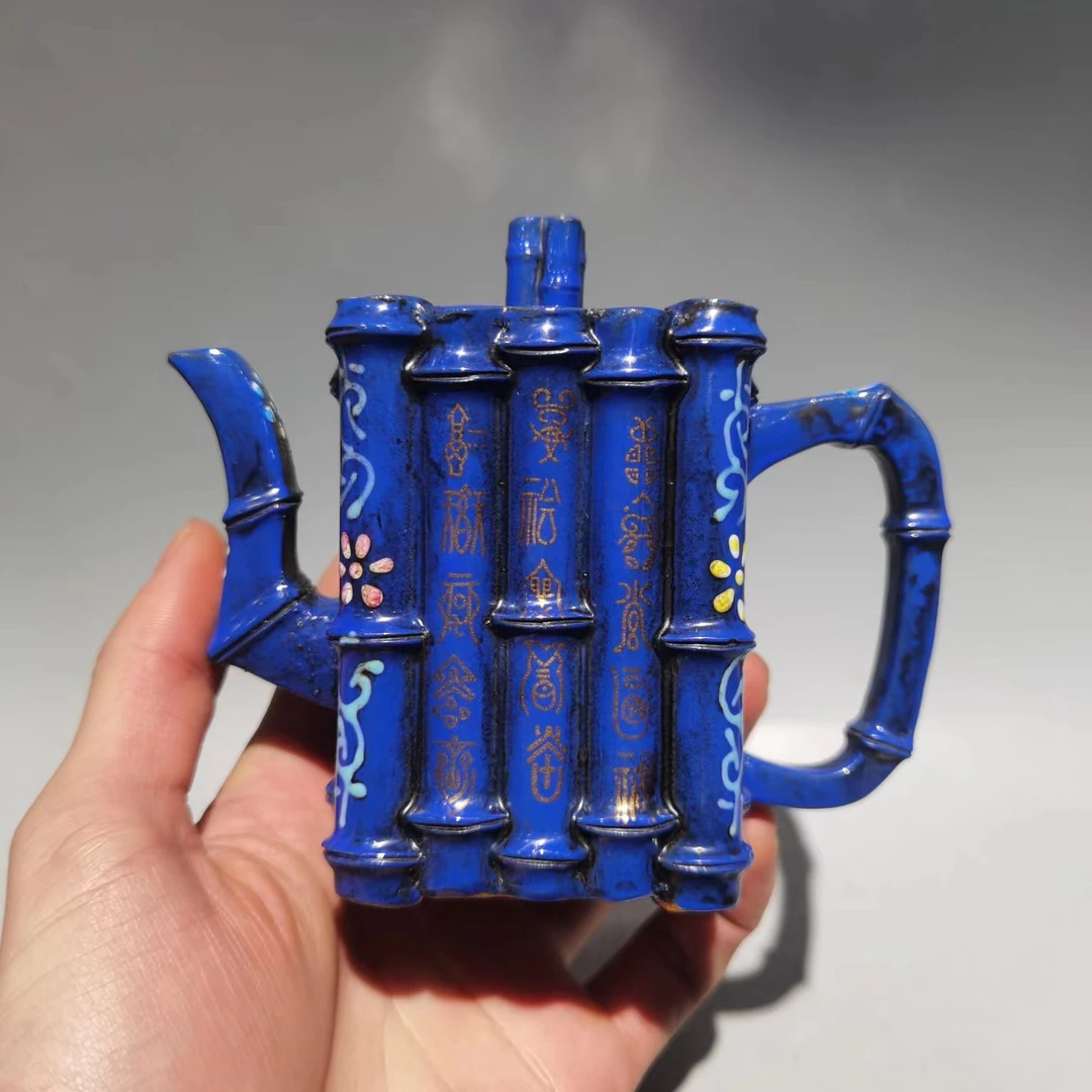 珐琅彩四方竹 回流清旧藏名家紫砂壶蓝色复古创意陶瓷纯手工钧瓷