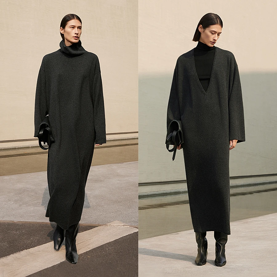 CHICJOC羊绒羊毛 随性松弛博物馆风V领/垂荡高领纸片人针织连衣裙