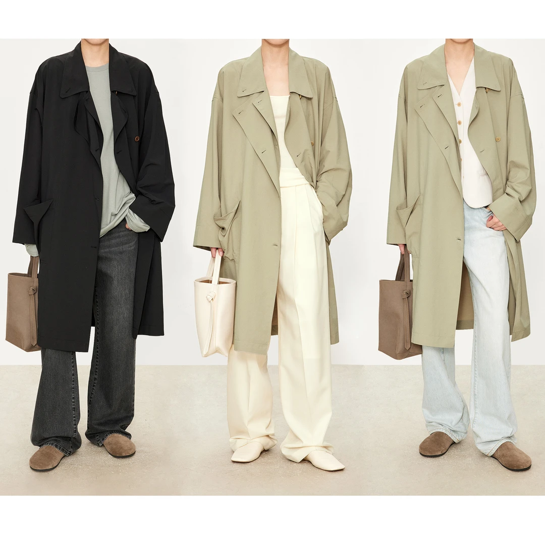 CHICJOC专柜100%匹马棉/时装高密面料复古宽袖不对称翻领中长风衣