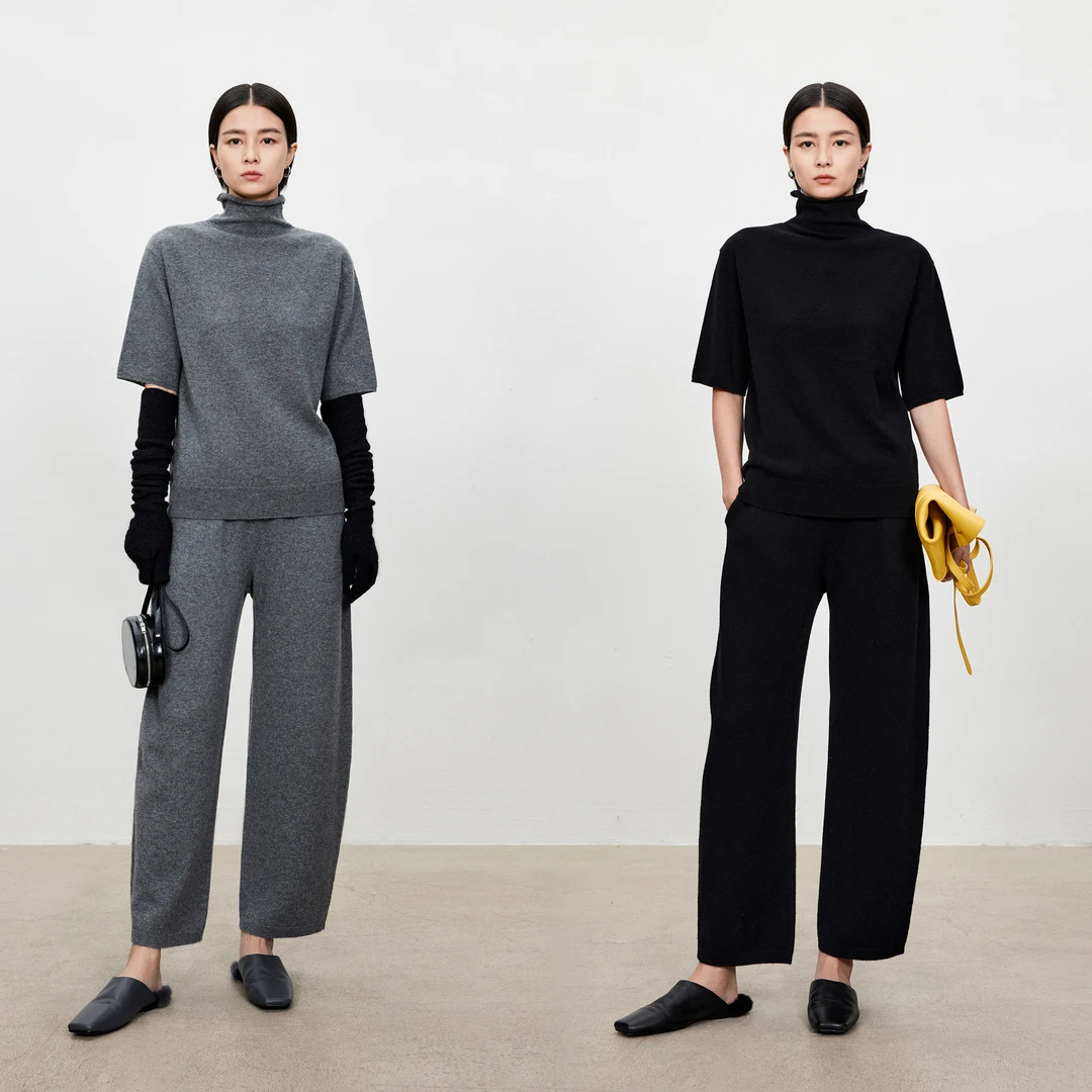 CHICJOC蕞高等级山羊绒 R0W风套装加厚高领短袖上衣/九分神裤