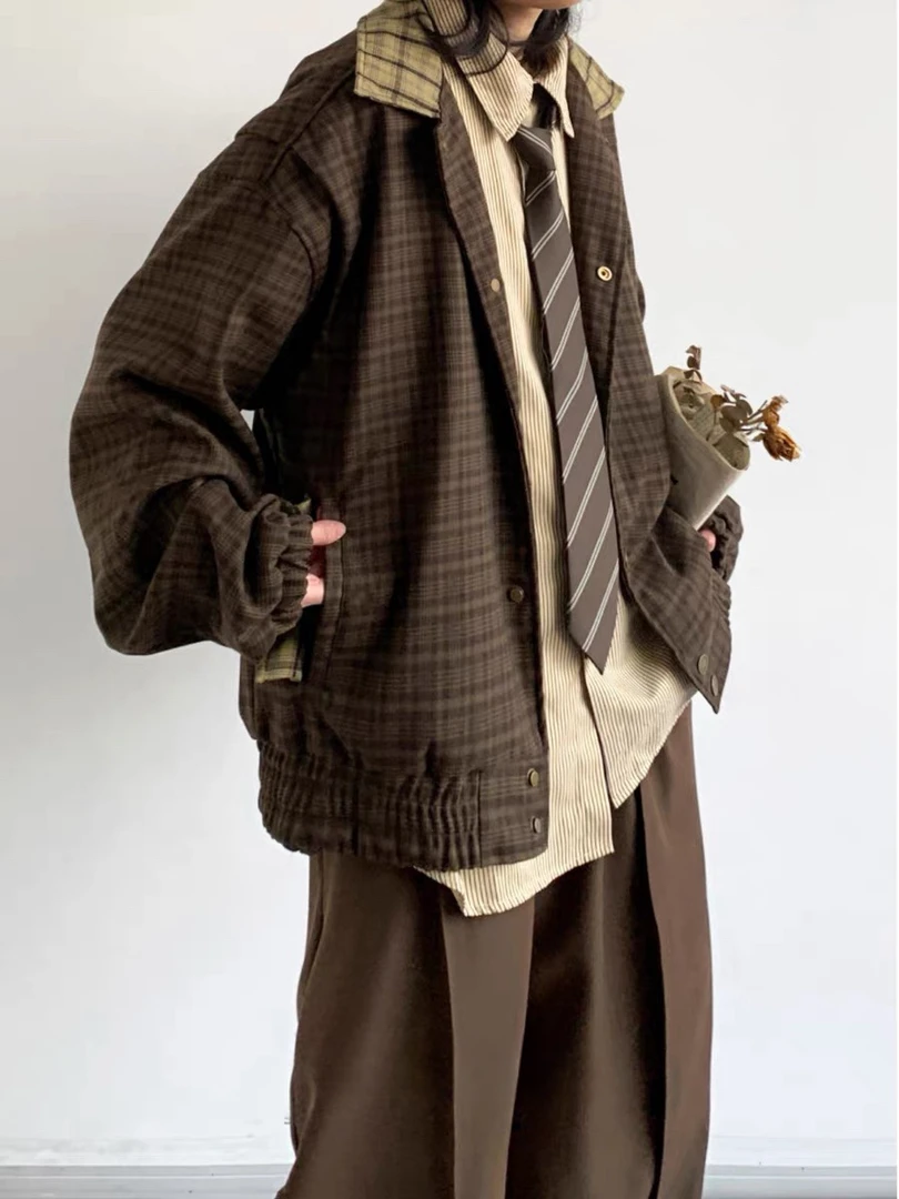 秋日系复古格子外套男女生学院风拼接刺绣宽松休闲夹克