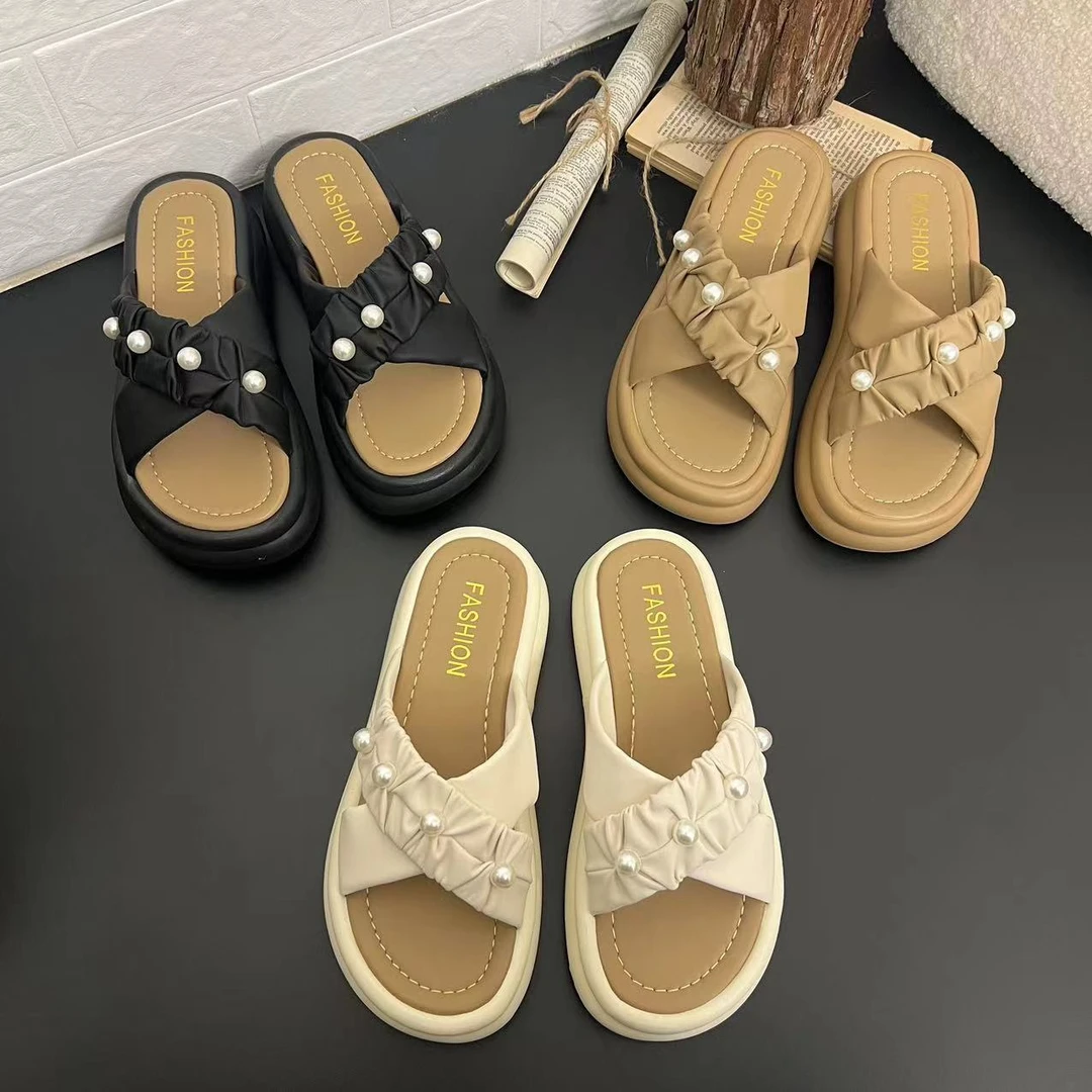 【here】珍珠麦穗时尚拖鞋网红休闲百搭夏季软底外穿