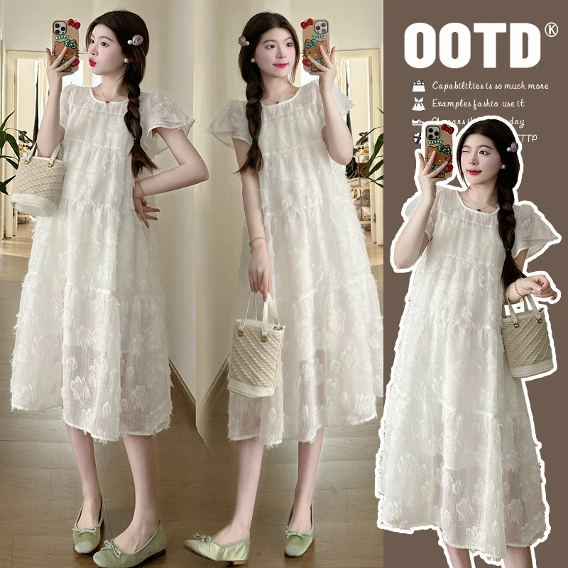 孕妇裙子夏装法式蕾丝拼接甜美小飞袖潮妈长裙孕期宽松纯黑裤子