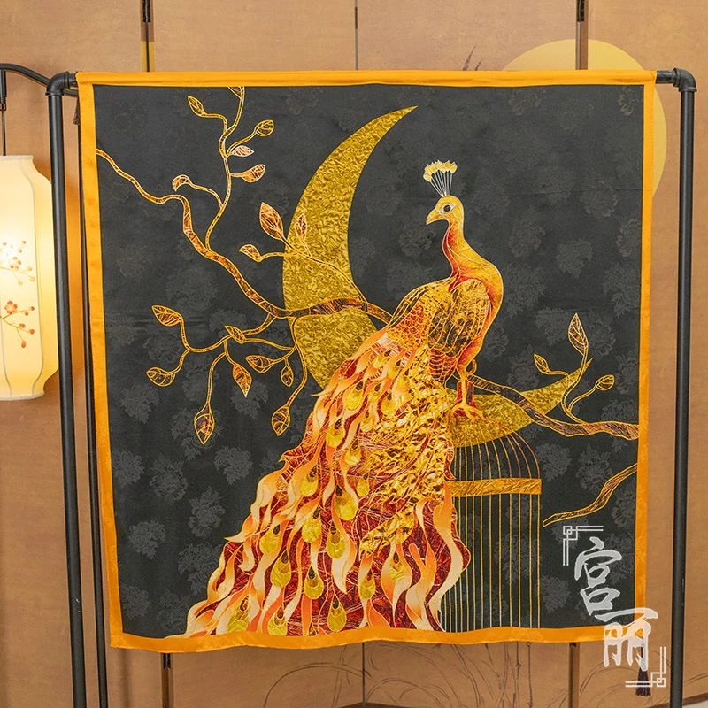 【华裳孔雀颂】宫丽108x108cm纯100桑蚕丝花萝香云纱方巾