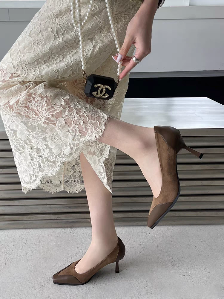 拼接设计感高跟鞋女士细跟春秋新气质名媛方头浅口单鞋   613-3