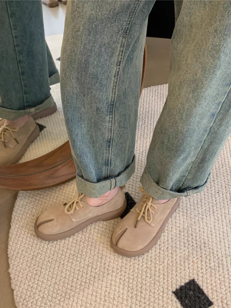 复古勃肯鞋女春季新款假分趾时尚百搭磨砂厚底系带单鞋 801-3