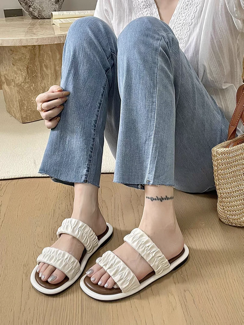 夏季新款平底褶皱一字拖鞋外穿女鞋休闲沙滩复古银色凉拖鞋 785-1