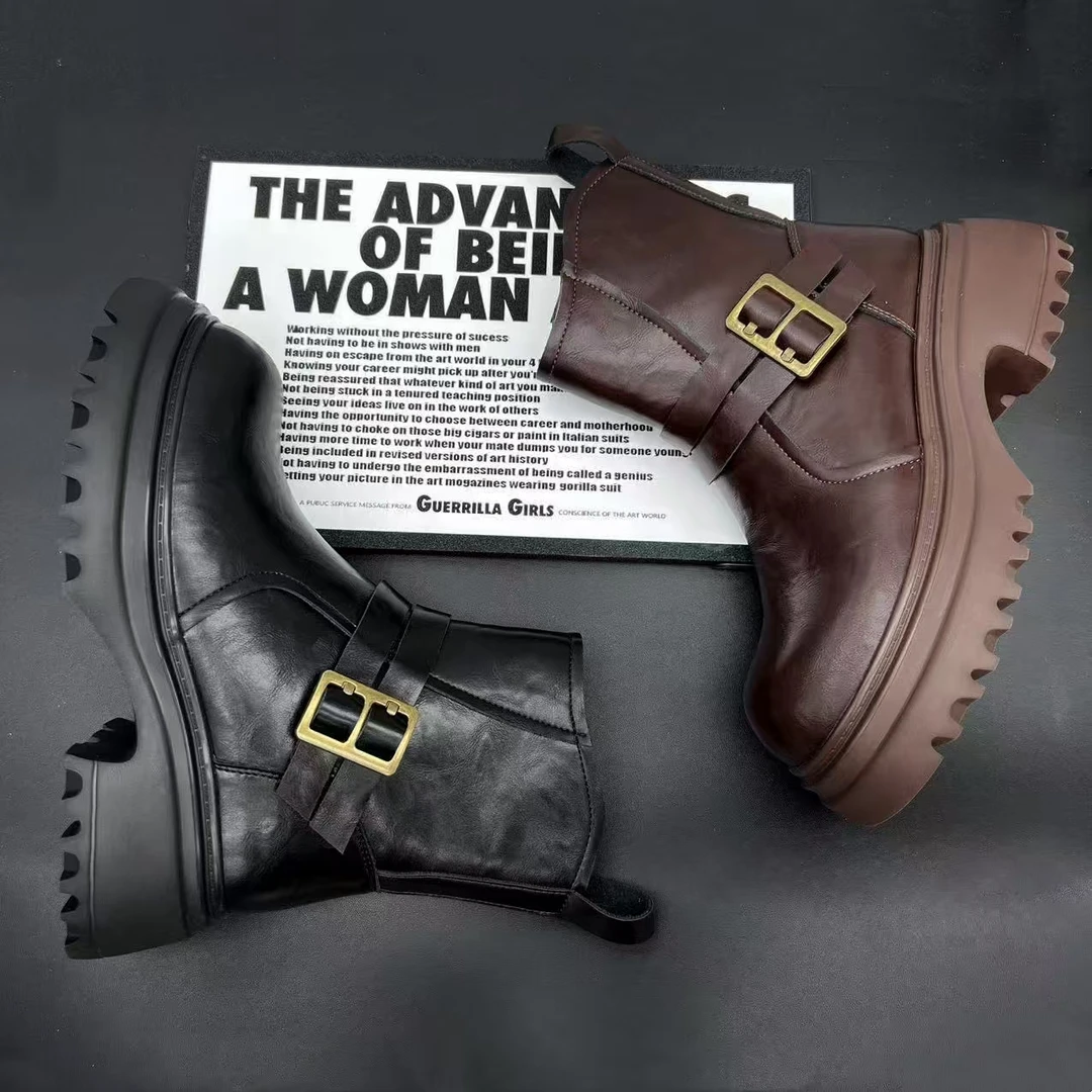 （加绒）冬新款复古皮带扣圆头厚底骑士靴女时装靴粗跟短靴 7711