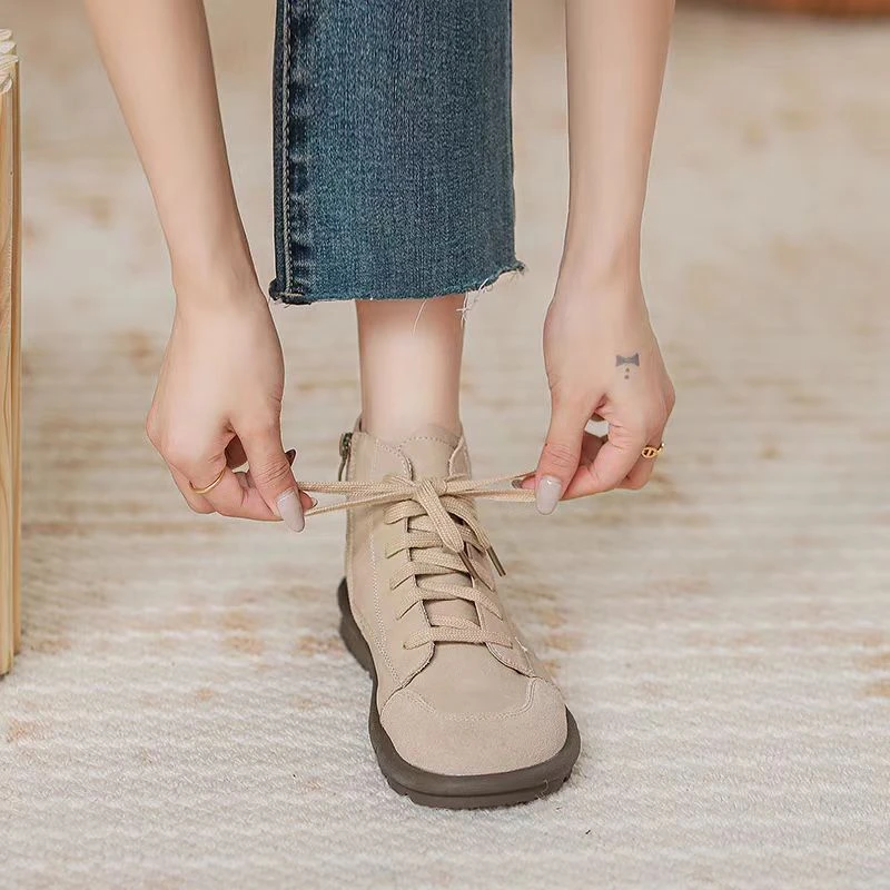 （单里）复古高帮勃肯鞋女秋季平底马丁靴森系软底系带短靴 88-22