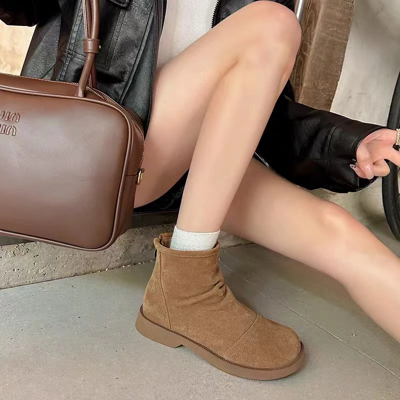 （单里）复古褶皱马丁靴女秋季新款磨砂勃肯短靴弹力瘦瘦靴 690-16