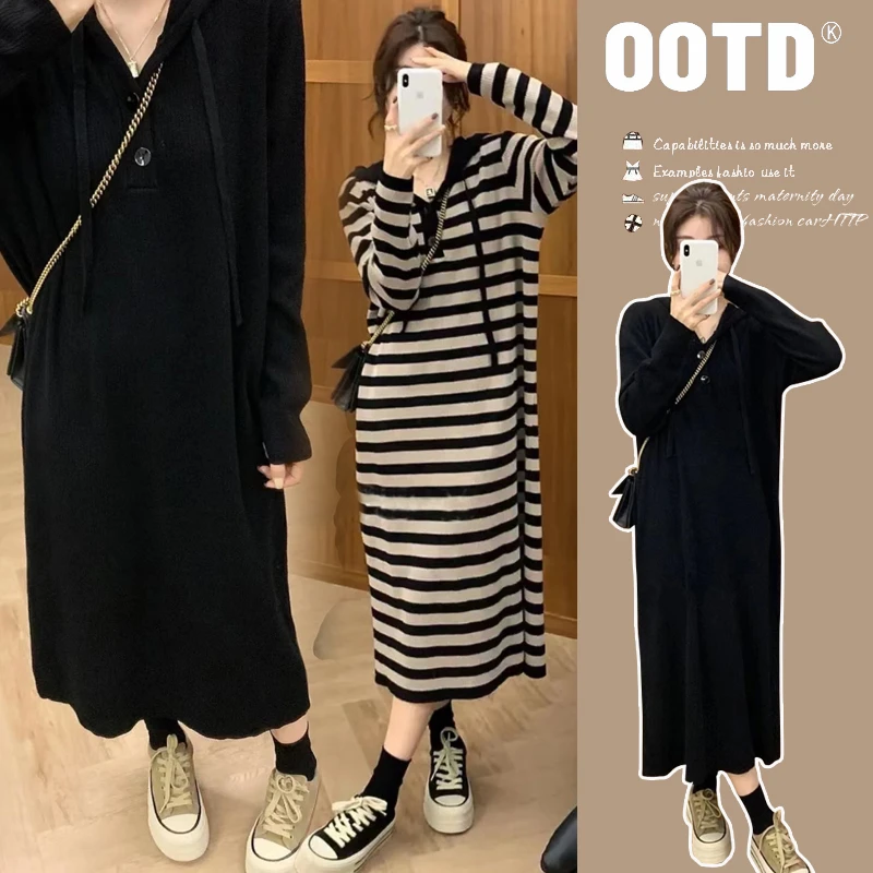 孕妇装秋冬小个子法式慵懒风复古连帽针织连衣裙百搭休闲条纹裙女