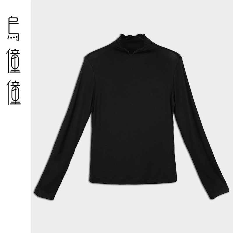 乌僮僮U243Y018原创设计师打底衫时尚百搭女士黑色修身长袖上衣