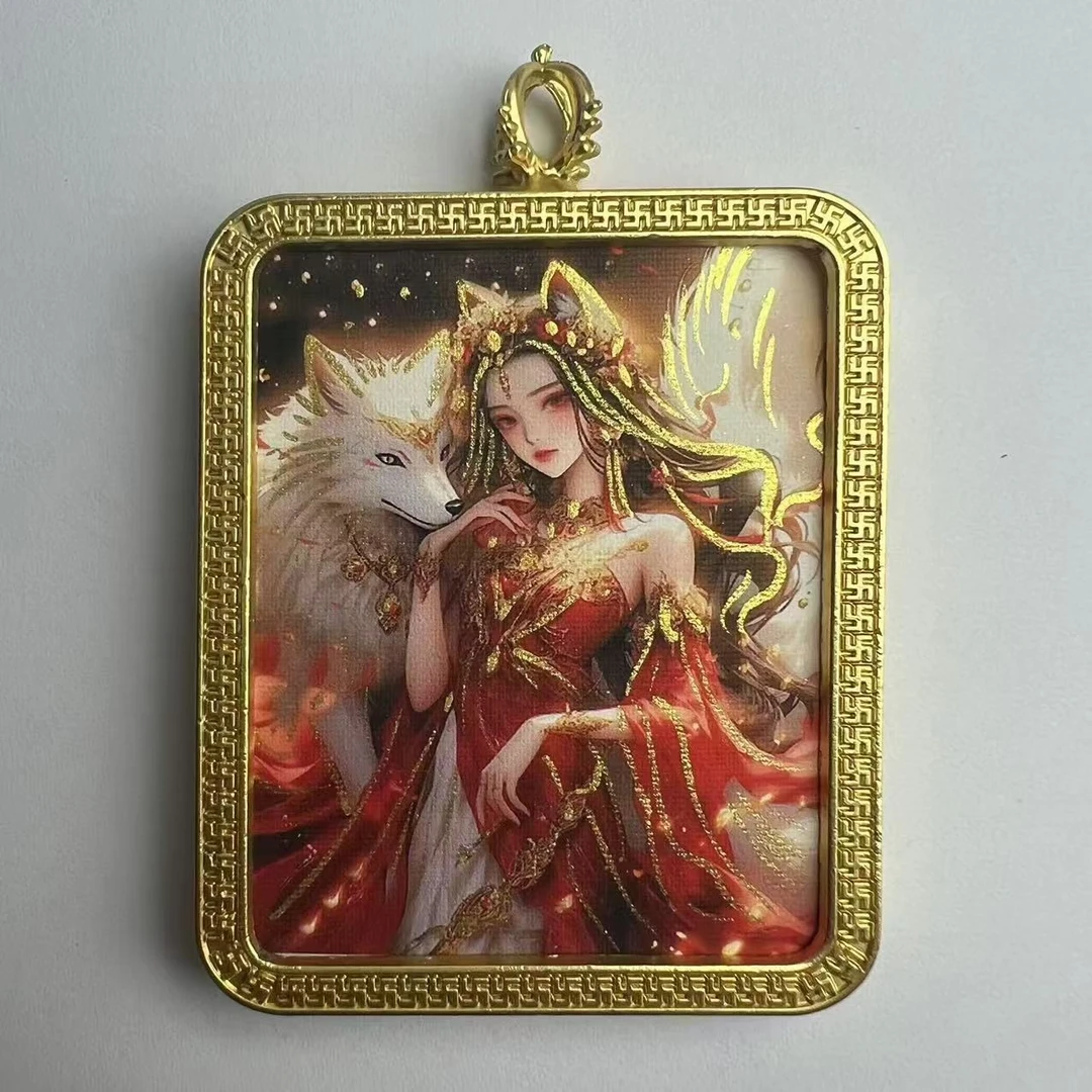 铜合金布艺吊坠 描金九尾人物狐狸款搭配项链手工绳唐卡手绘