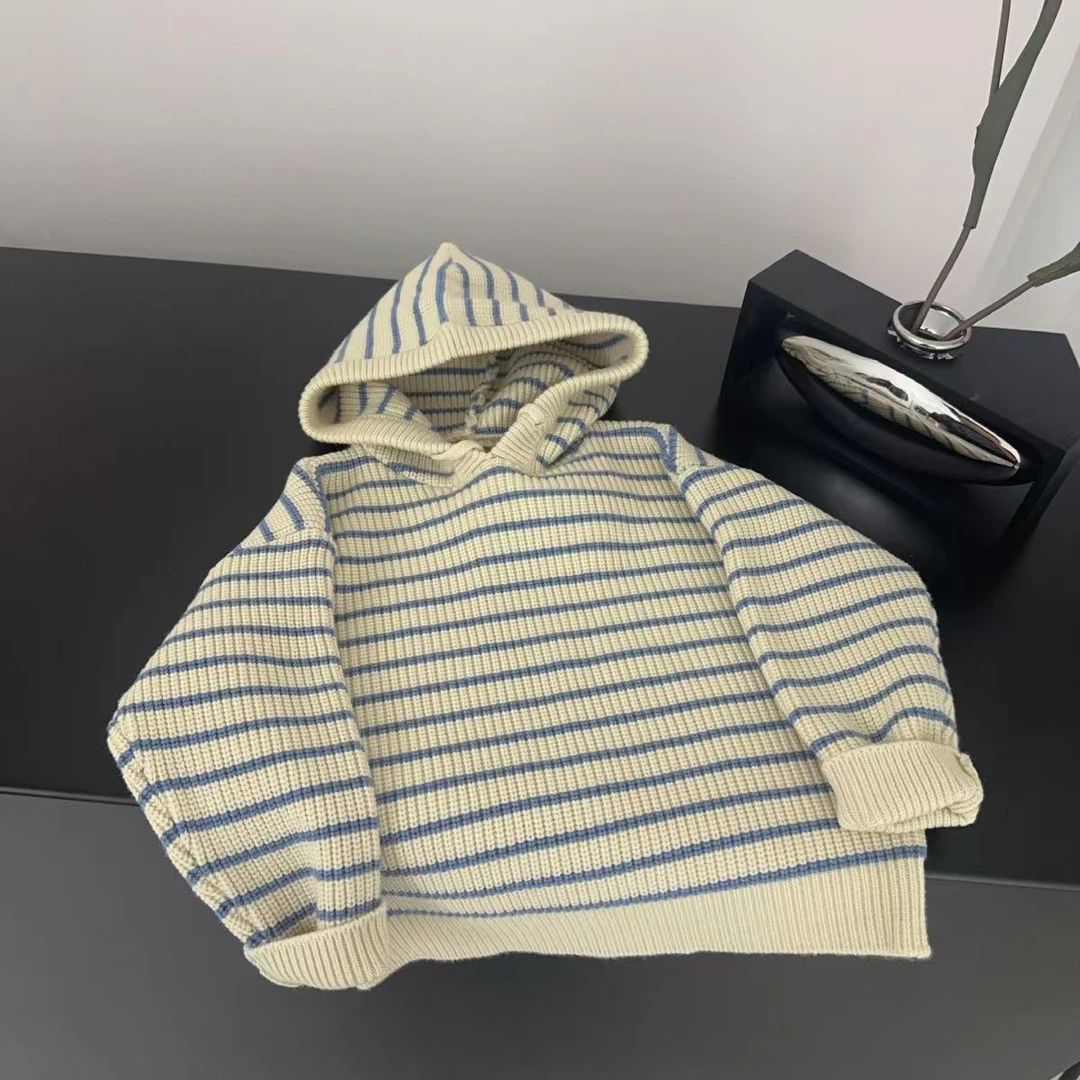 童装毛衣儿童女童男童中大童加厚秋冬套头洋气打底圆领条纹带帽