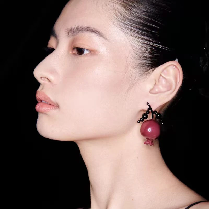 铜合金耳饰 夸张时髦福寿三多珐琅彩石榴耳钉高级感925银针耳环