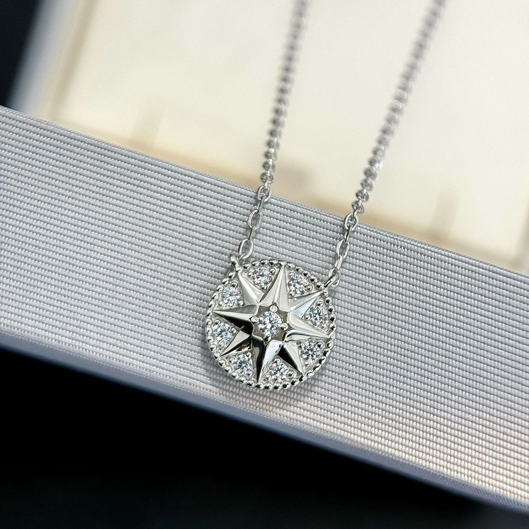 坠链均925银锆石 八芒星项链纯银罗盘项链小众镶钻八芒星罗盘项链