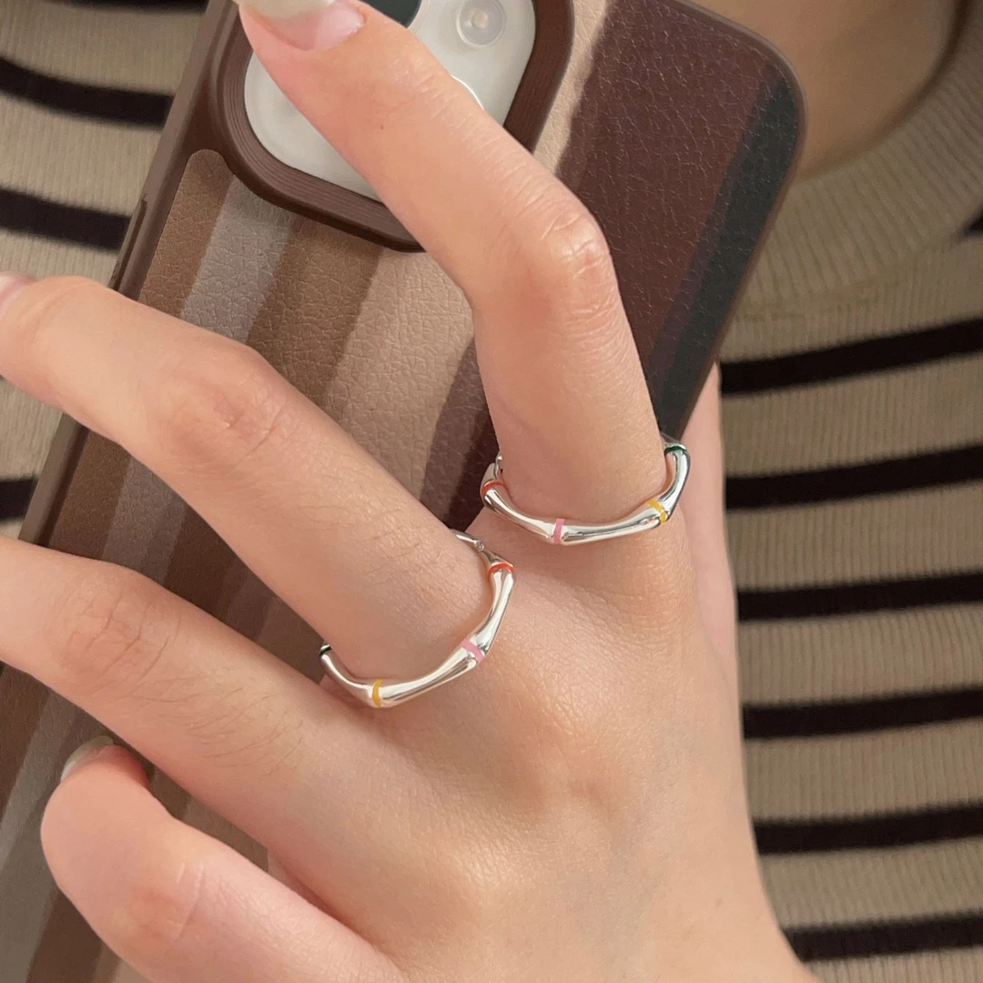 925银戒指 纯银珐琅竹节开口戒指女小红薯同款小众设计冷淡风指环