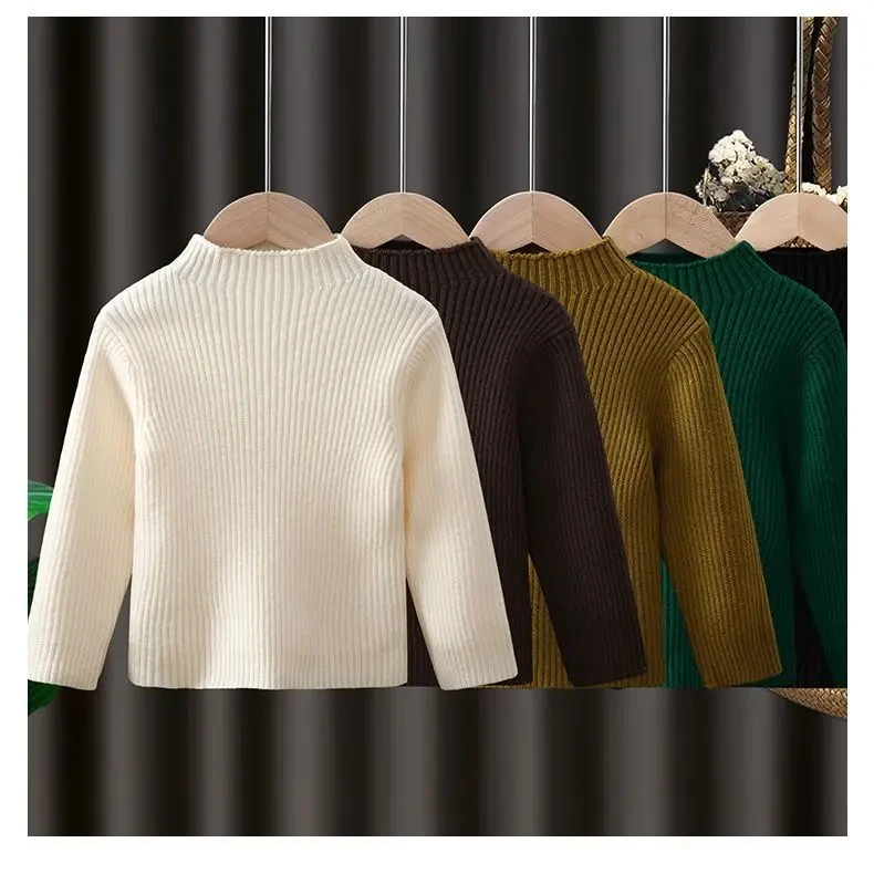 韩版加绒秋冬季新款网红百搭打底衫男女童半高领套头柔软针织毛衣