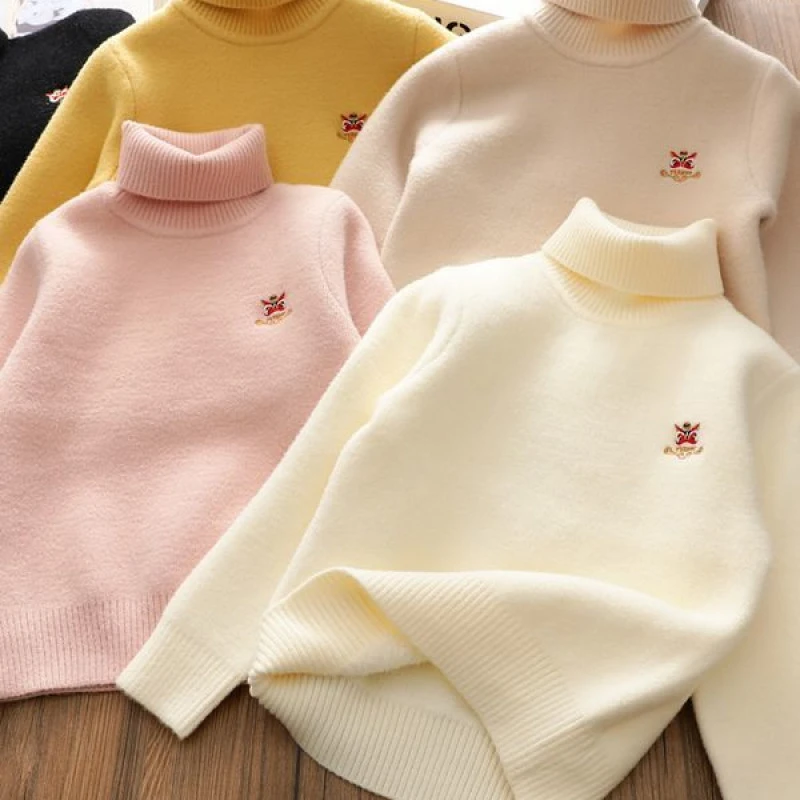男女童冬季高领毛衣儿童针织衫一体加厚绒龙年刺绣百搭上衣保暖衫
