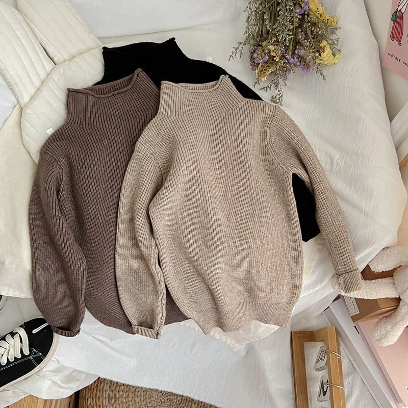 男女童韩版森系纯色打底衫儿童毛衣套头2025春秋新款半高领针织衫