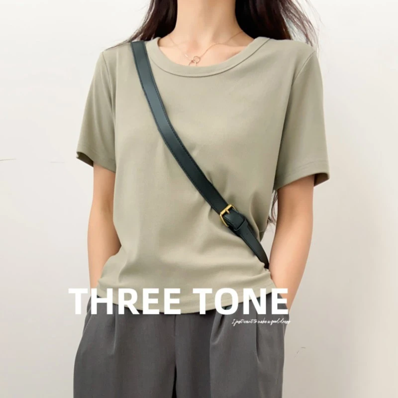 U领正肩短袖t恤女宽松显瘦纯色休闲百搭夏季大码女装大码女装上衣