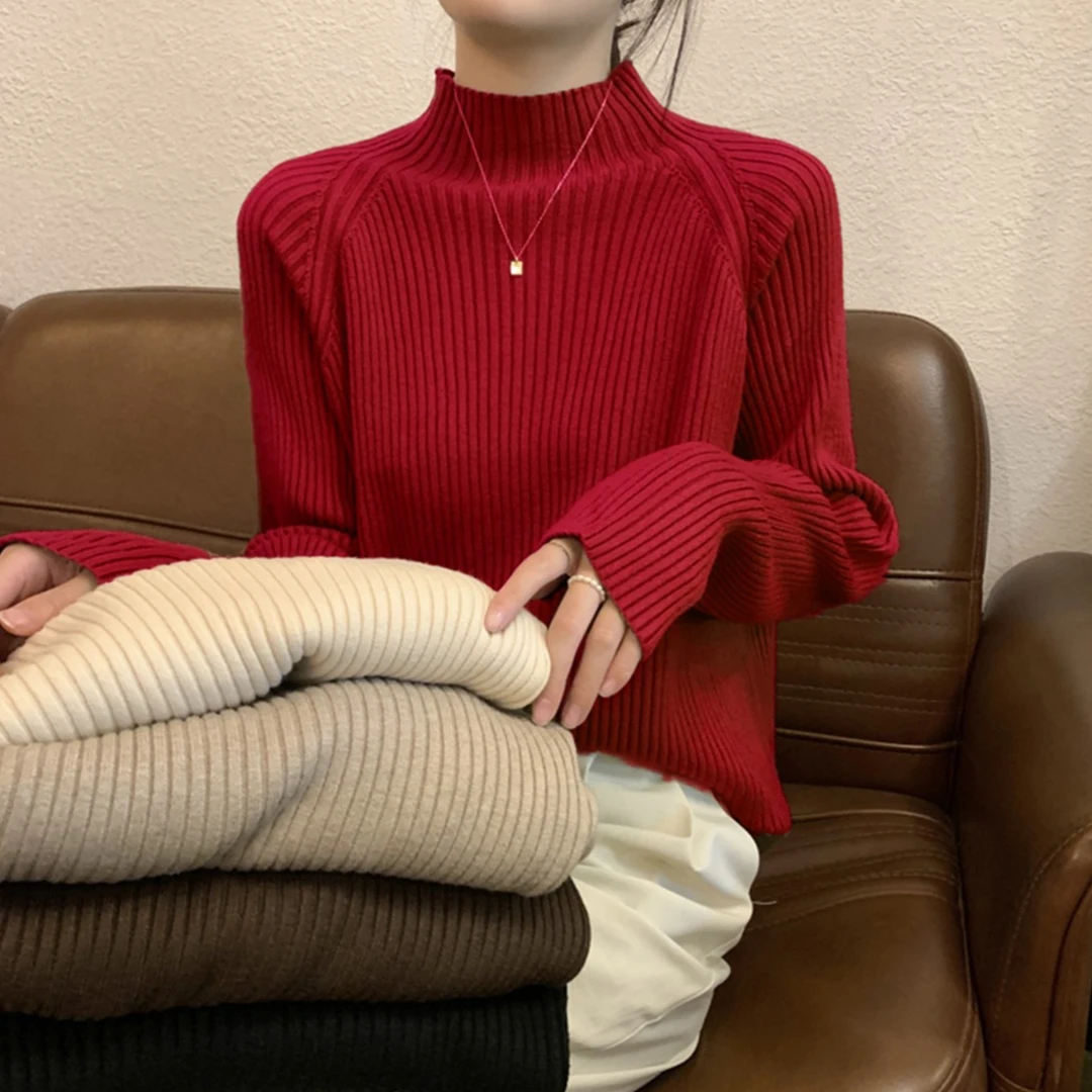 半高领打底衫女内搭网红款毛衣女宽松慵懒大码显瘦红色毛衣加厚