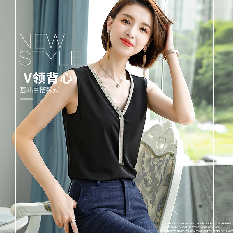 9165时尚洋气流苏V领吊带无袖小背心打底上衣打底衫外穿西装百搭