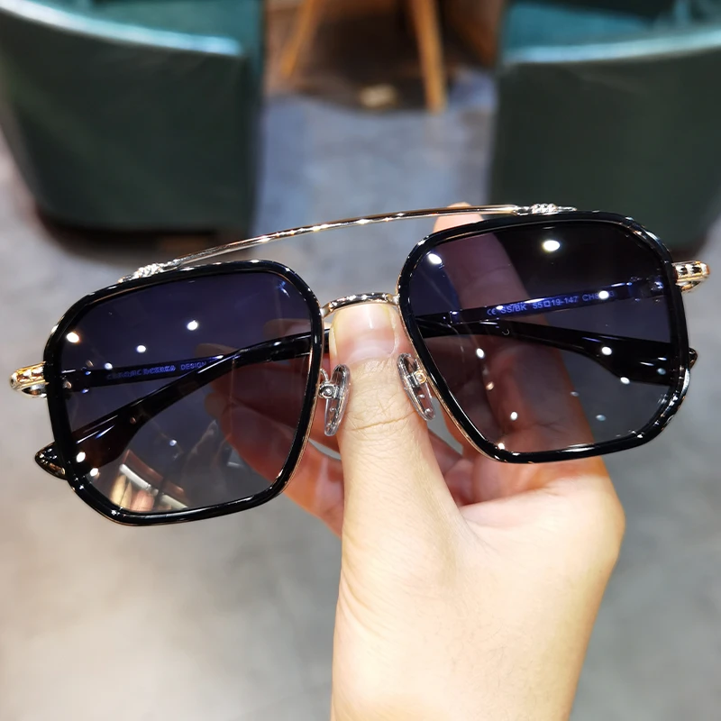 简丹潮百双梁太阳镜全框个性多边形大脸大框变色紫外线太阳镜百搭