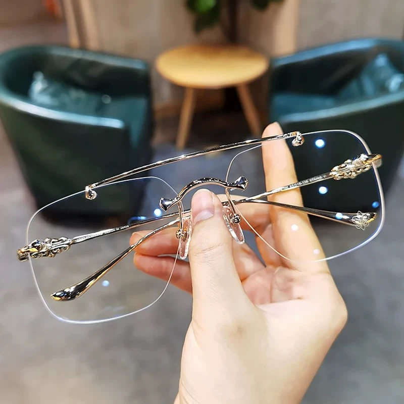 简丹萝心双梁无框近视镜潮男女百搭复古加宽大脸超轻护目眼镜架