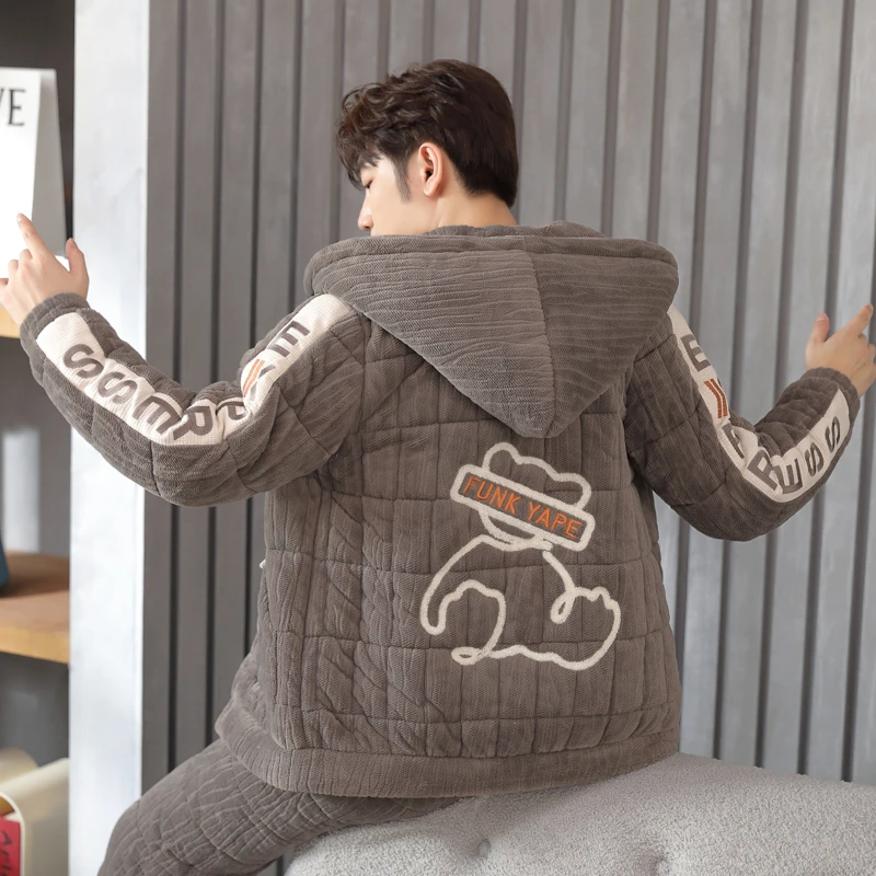 QINZIJIAO/亲姿娇男士冬季加厚加绒三层夹棉保暖连帽睡衣家居服