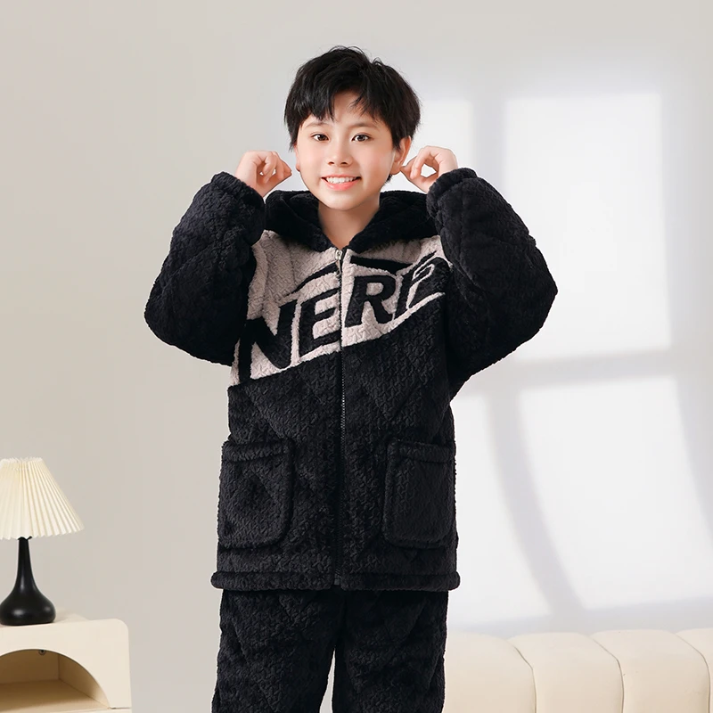 儿童冬款男童冬季法兰绒三层夹棉大童加绒加厚小男孩家居服中大童
