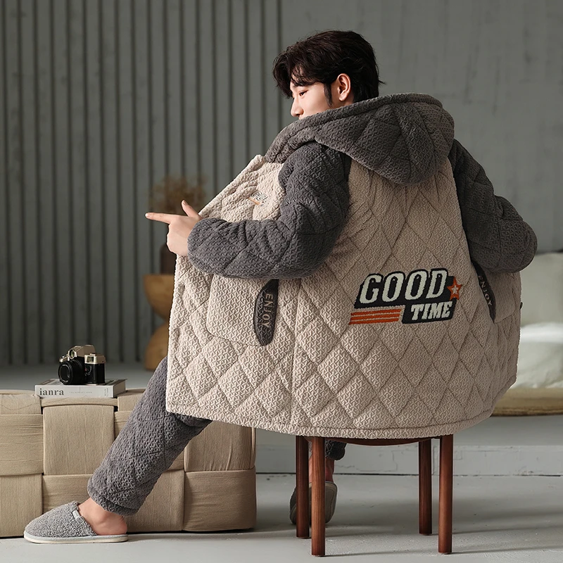 加绒加厚款冬季睡衣男士三层夹棉睡衣中长款居家服连帽法兰绒套装