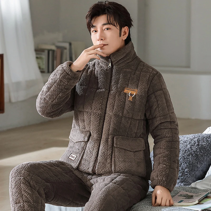 冬季睡衣男士三层夹棉拉链立领款家居服加厚特厚大码宽松保暖套装